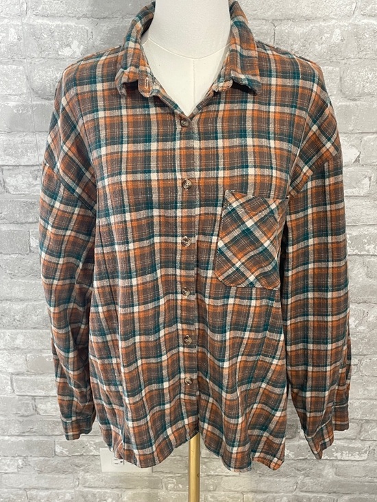 Dizzy Lizzy Tops - Dizzy lizzy Plaid Button-Down Flannel Shirt in Rust Orange & Teal
